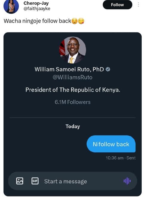 Cheropjay faithjaayke follow wacha ningoje follow back william samoei ruto, phd