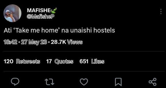 Mafishe mafishep ati 'take me home' na unaishi hostels 18,42. 27 mays 23. 28.7k