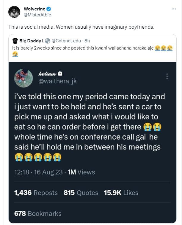 Wolverine misteralbie this is social media. women usually have imaginary boyfrie