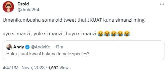 Droid droid254 umenikumbusha some old tweet that jkuat kuna simanzi mingi uyo si