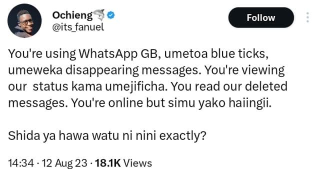 Ochieng its_fanuel follow you're using whatsapp gb, umetoa blue ticks, umeweka d