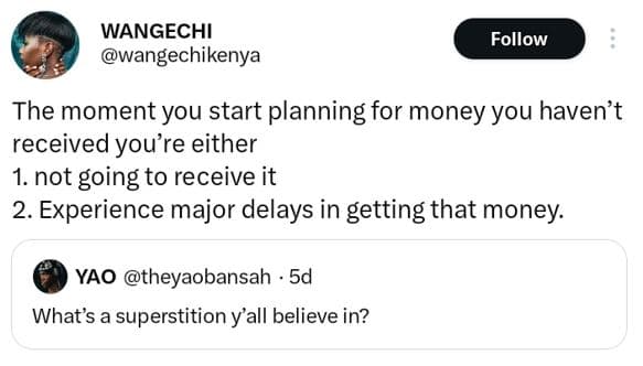 Wangechi wangechikenya follow the moment you start planning for money you haven'