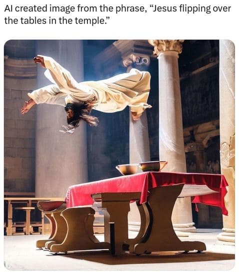 Al created image from the phrase jesus flipping over the tables in the temple