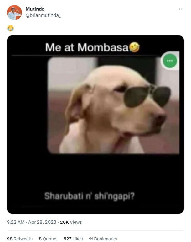 Mutinda brianmutinda me at mombasa sharubatl n shingapi? 9.22 am apr 28, 2ok vie