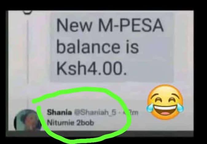 New mpesa balance is ksh4.00 shania shunioh g miturte 2bob