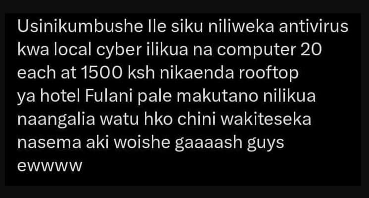 Usinikumbushe ile siku niliweka antivirus kwa local cyber ilikua na computer 20