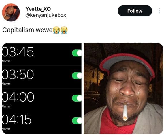 Yvette_xo kenyanjukebox follow capitalism wewe 03.45 alarm 03.50 jarm 04.00 alar