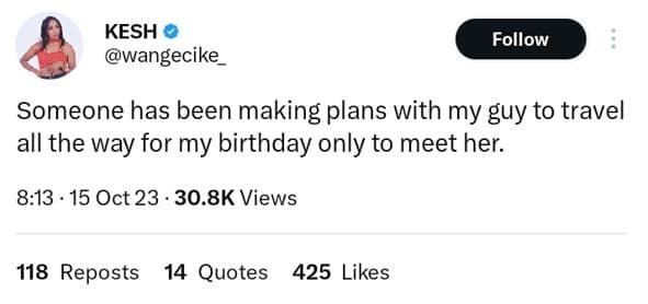 Kesh wangecike follow someone has been making plans with my guy to travel all th