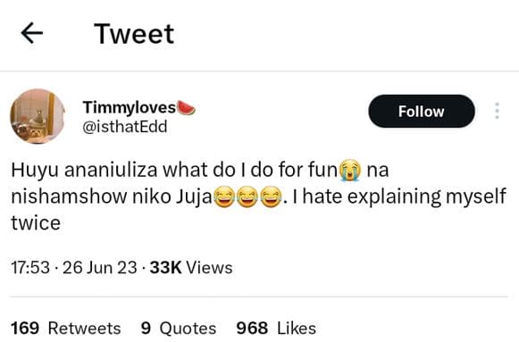 Tweet timmyloves isthatedd follow huyu ananiuliza what do i do for fun na nisham