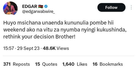 Edgar edgarwabwire follow huyo msichana unaenda kununulia pombe hii weekend ako