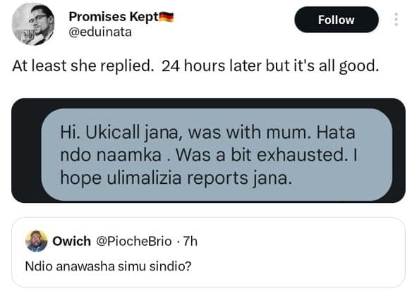 Promises kept eduinata follow at least she replied. 24 hours later but it's all