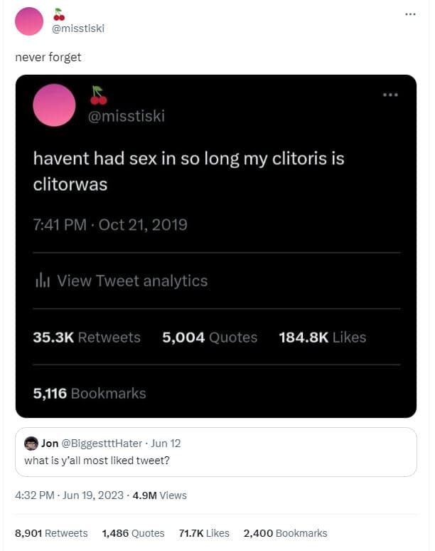 Misstiski never forget misstiski havent had sex in so long my clitoris is clitor