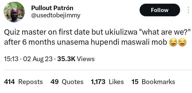 Pullout patrón usedtobejimmy follow quiz master on first date but ukiulizwa what