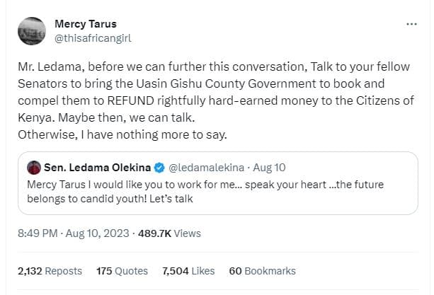 Mercy tarus thisafricangirl mr. ledama, before we can further this conversation