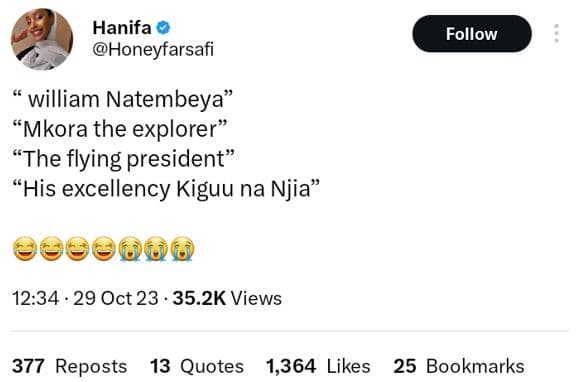 Hanifa honeyfarsafi follow william natembeya' mkora the explorer the flying pres