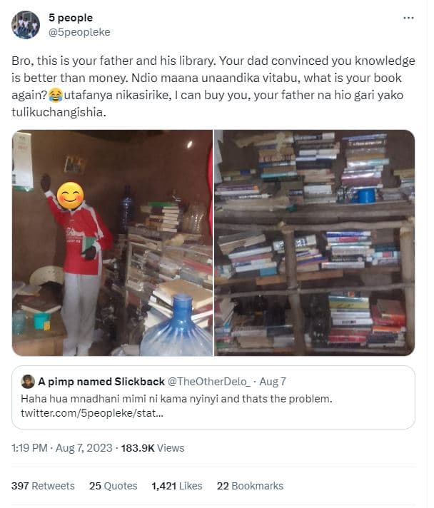 5 people 5peopleke bro, this is your father and his library. your dad convinced