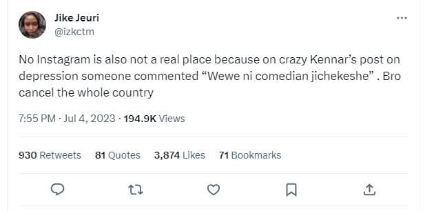 Jike jeuri izkctm no instagram is also not a real place because on crazy kennar'