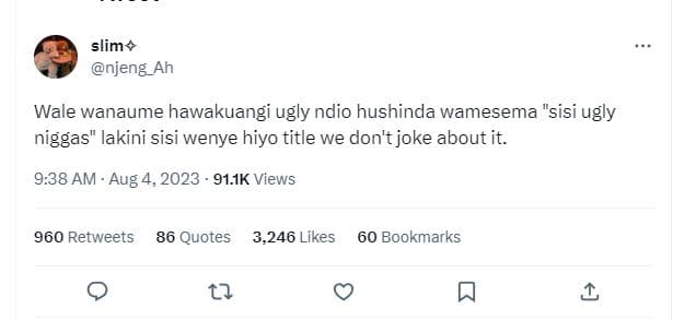 Slim njeng_ah wale wanaume hawakuangi ugly ndio hushinda wamesema sisi ugly nigg