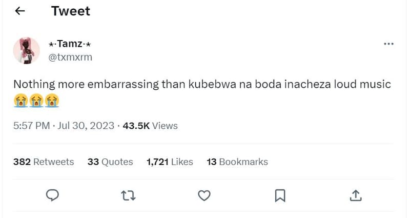 Tweet tamz txmxrm nothing more embarrassing than kubebwa na boda inacheza loud m