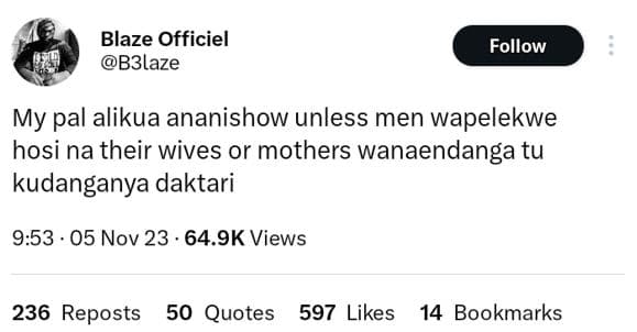 Blaze officiel b3laze follow my pal alikua ananishow unless men wapelekwe hosi n