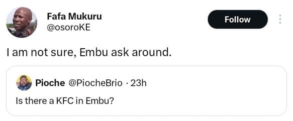 Fafa mukuru osoroke follow am not sure, embu ask around. pioche piochebrio 23h i