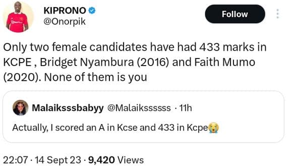 Kiprono onorpik follow only two female candidates have had 433 marks in kcpe , b