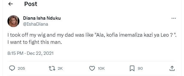 Post diana isha nduku ishadiana took off my wig and my dad was like ala, kofia i