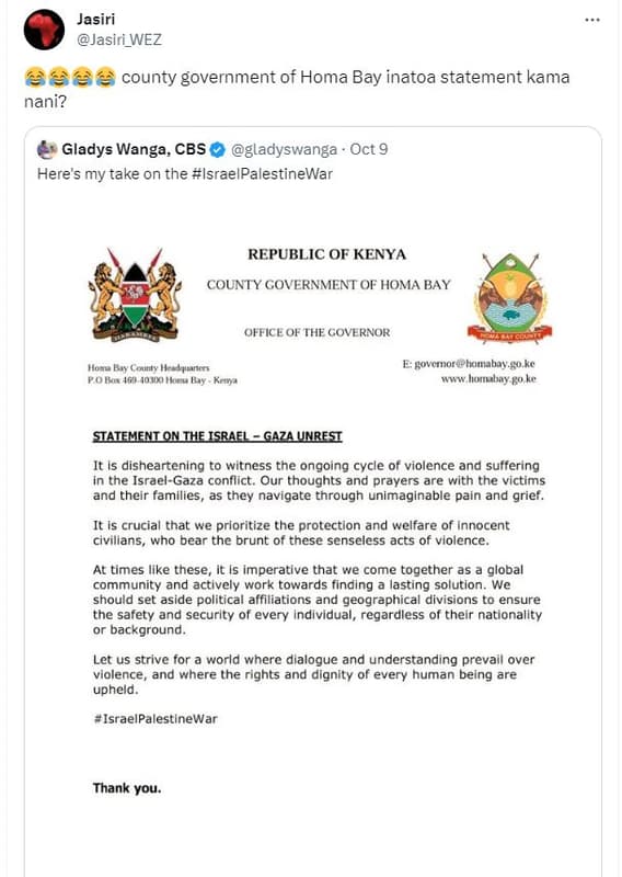 Jasiri jasiri_wez e6à county government of homa bay inatoa statement kama nani?
