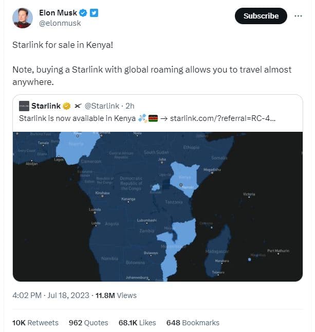 Elon musk elonmusk subscribe starlink for sale in kenya! note buying a starlink
