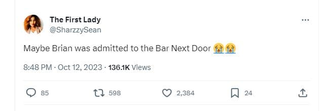 The first lady sharzzysean maybe brian was admitted to the bar next door 8.48 pm