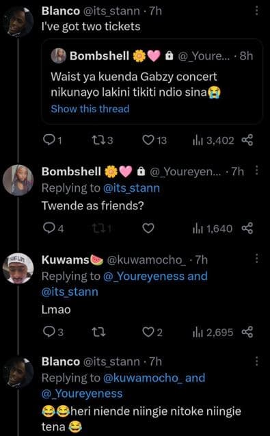 Blanco its_stann 7h ive got two tickets bombshell _youre . 8h waist ya kuenda ga