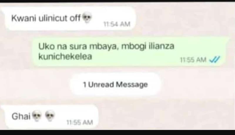 Kwanl ulinicut off 115au ukona sura mbaya, mbogı illanza kunichekelea 11 ss am v