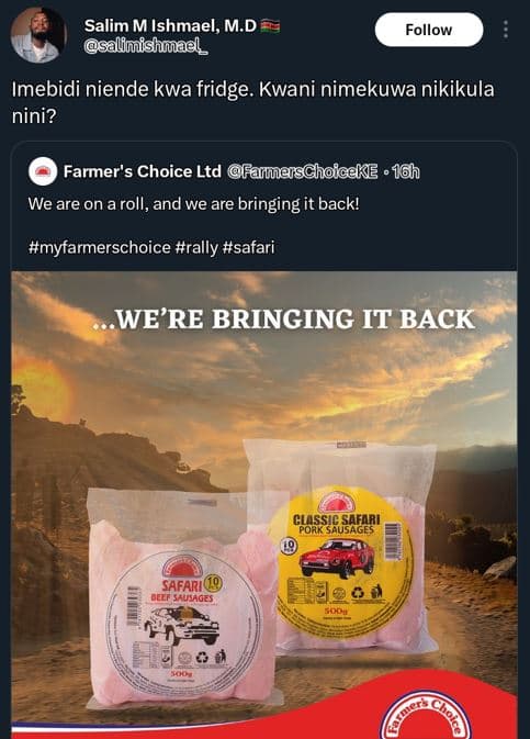 Salim m ishmael, m.d salimishmael follow imebidi niende kwa fridge. kwani nimeku