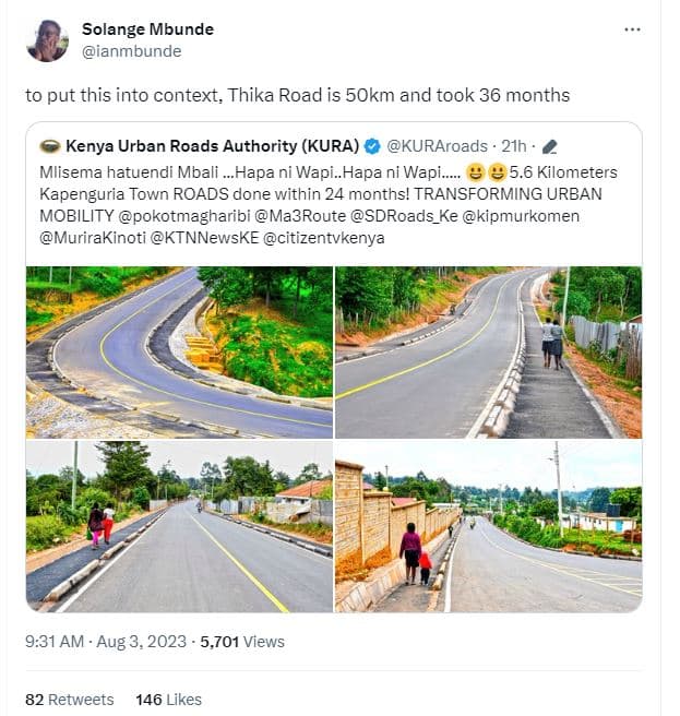 Solange mbunde ianmbunde to put this into context thika road is 5okm and took 36