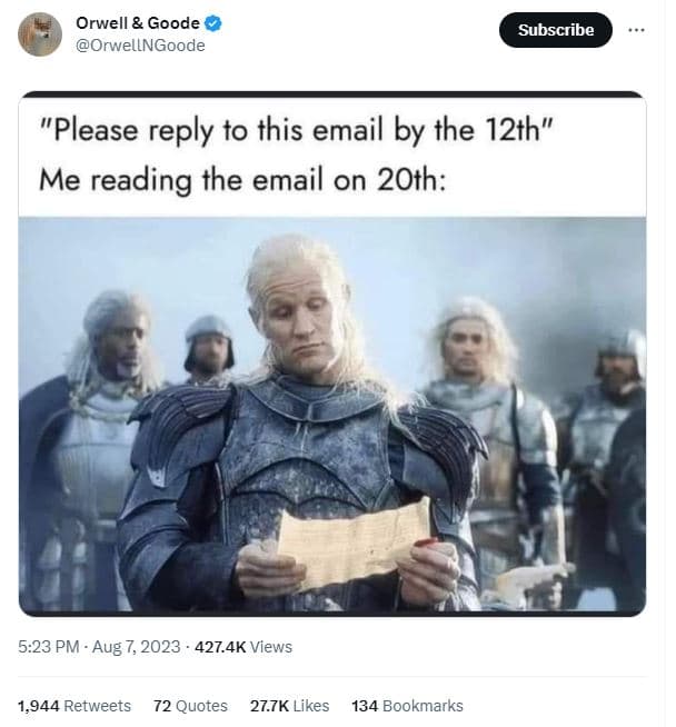 Orwell goode orwellngoode subscribe please reply to this email by the 12th me re