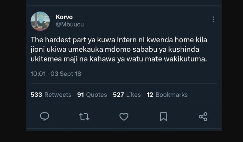 Korvo mbuucu the hardest part ya kuwa intern ni kwenda home kila jioni ukiwa ume