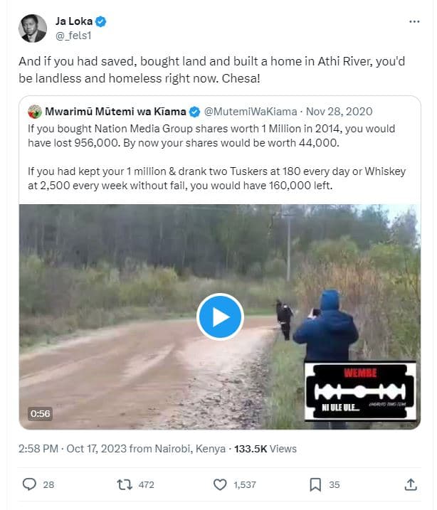 Ja loka felsi and if you had saved, bought land and built a home in athi river y