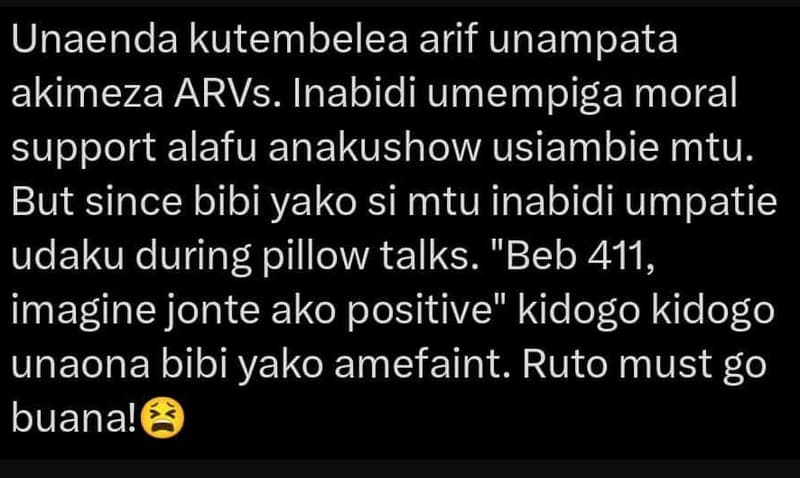 Unaenda kutembelea arif unampata akimeza arvs. inabidi umempiga moral support al