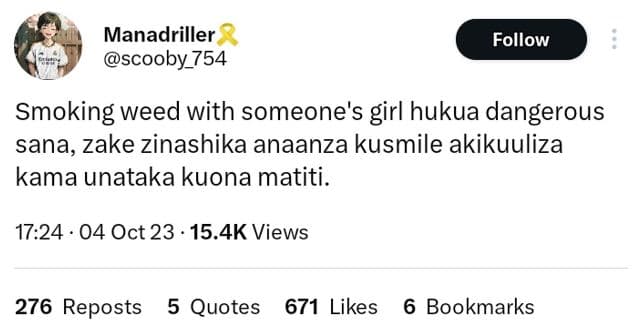 Manadriller scooby_754 follow smoking weed with someone's girl hukua dangerous s