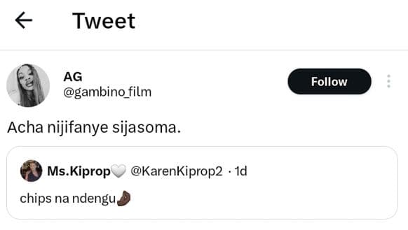 Tweet ag gambino_film follow acha nijifanye sijasoma. ms. kiprop karenkiprop2 1d