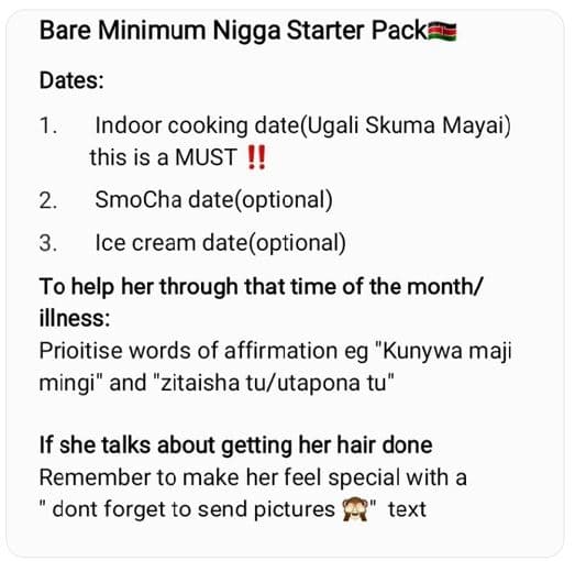 Bare minimum nigga starter pack dates indoor cooking dateugali skuma mayai this