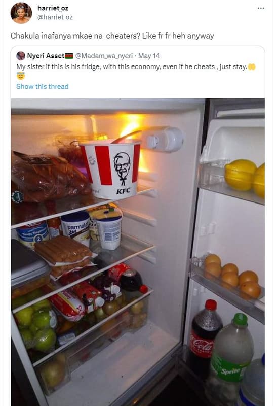 Harriet_oz harriet_oz chakula inafanya mkae na cheaters? like fr fr heh anyway n