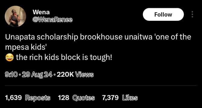 Wena wenarenee follow unapata scholarship brookhouse unaitwa 'one of the mpesa k