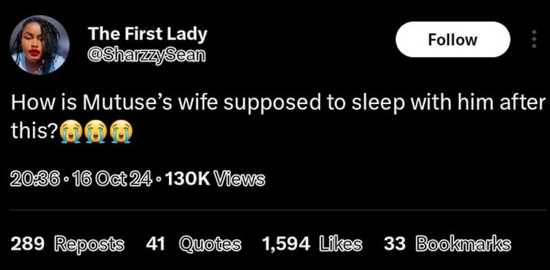 The first lady sharzzysean follow how is mutuse's wife supposed to sleep with hi