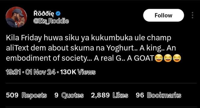 Kãddię isrodde follow kila friday huwa siku ya kukumbuka ule champ alitext dem a