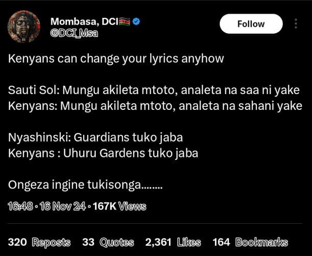 Mombasa, dci dcimmsa follow kenyans can change your lyrics anyhow sauti sol mung