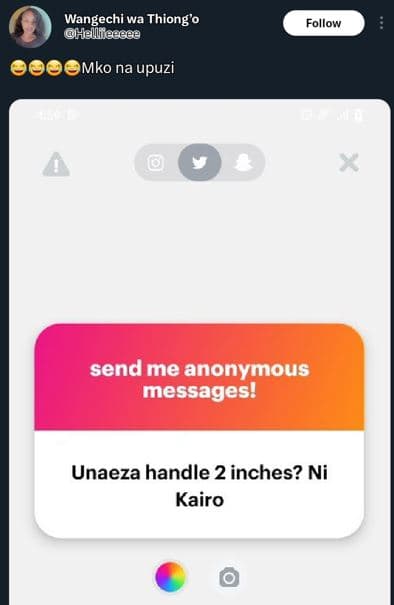 Wangechiwa wa thiong'o mko na upuzi follow send me anonymous messages! unaeza ha
