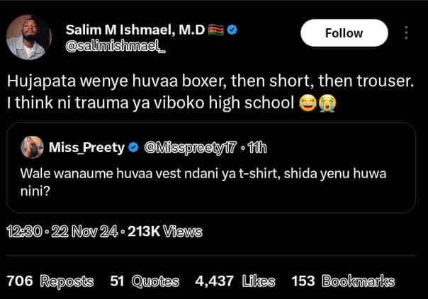 Salim m ishmael, m.d salimishmael follow hujapata wenye huvaa boxer then short,