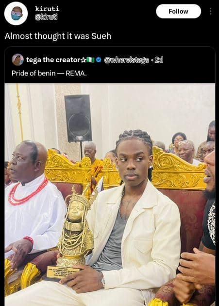 Kiruti krud follow almost thought it was sueh tega the creator pride of benin re