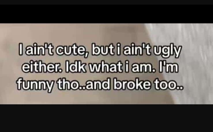 Lainftcute but iain'tugly either ldkuhatiam lm funny thoand broketooo